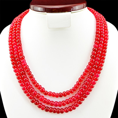 617.00 CTS EARTH MINED RICH RED RUBY 3 STRAND ROUND BEADS NECKLACE - BEST OFFER