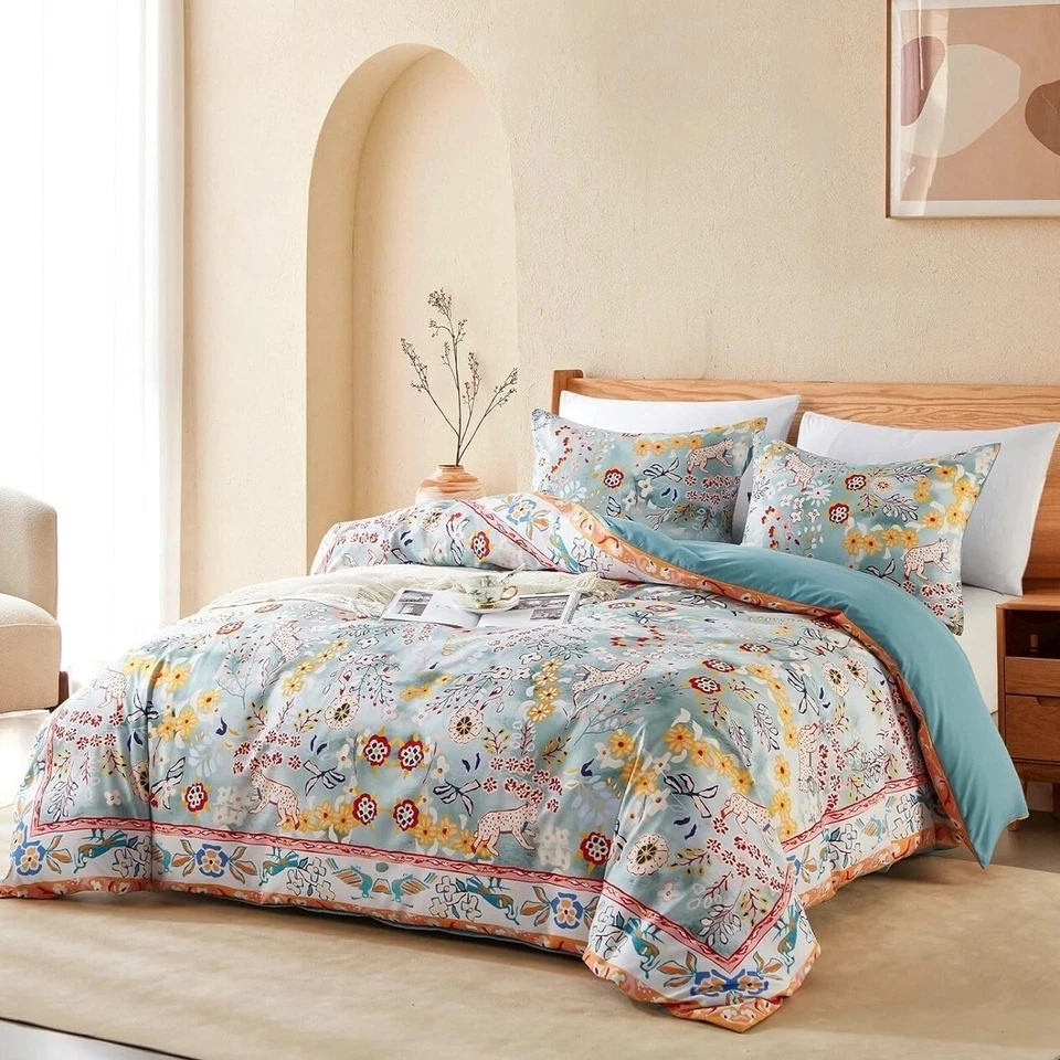 NEW Anthro Blue Jungle Multicolor Boho Queen / King Bedding Duvet & Sham Case - Image 4 of 4