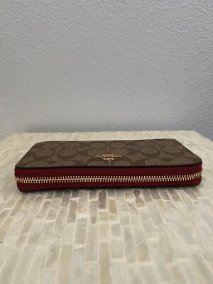 Coach Long Zip Around Wallet In Signature Canvas Gold/Khaki/Cherry