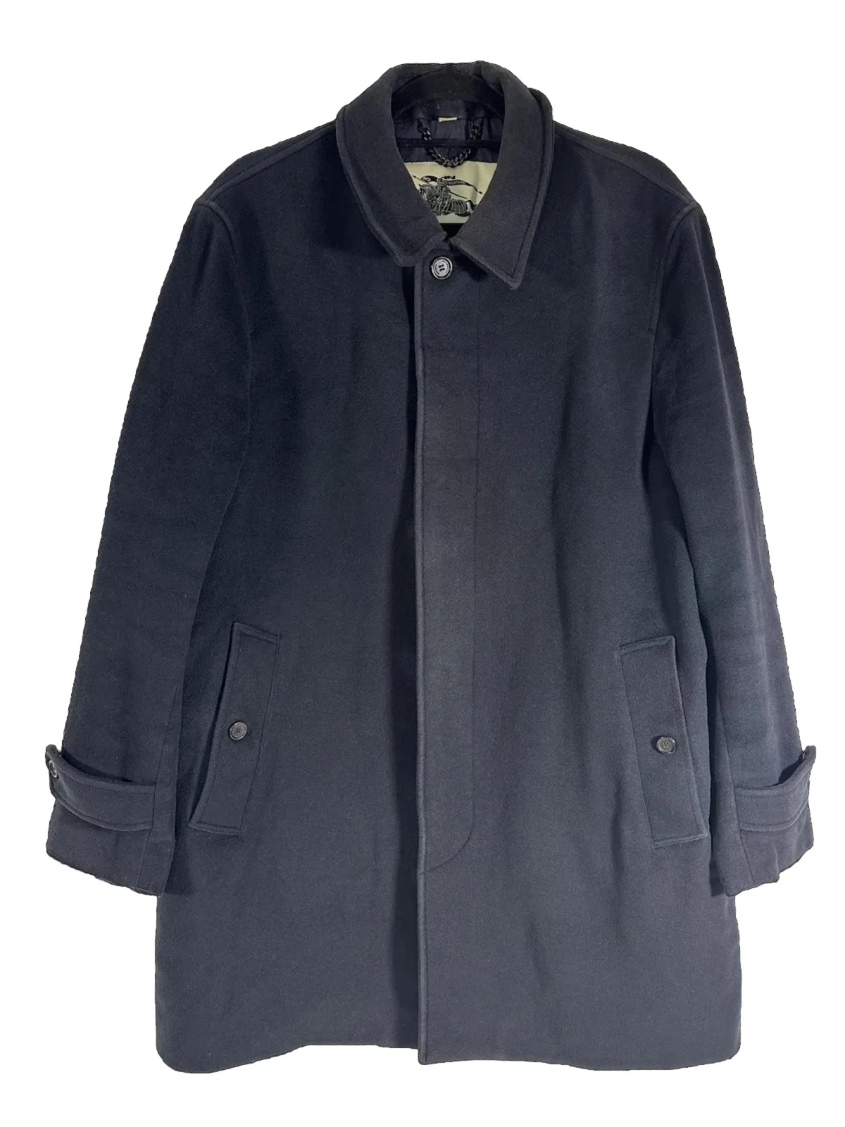 Cappotto Burberry London lana e cashmere soprabito colletto bottoni blu navy linea lunga