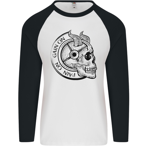 No Dolore No Aumento Diavolo Teschio Gym Training Uomo L/S Baseball T-Shirt - Foto 6 di 9