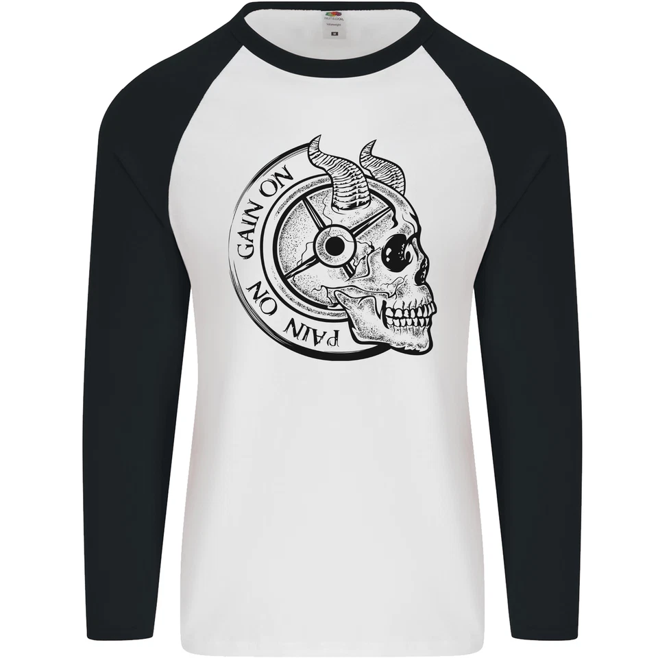 No Pain No Gain Teufel Schädel Gym Training Herren L/S Baseball Maglietta - Bild 1 von 4
