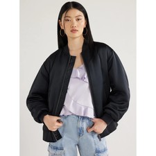 Scoop Womens Oversized Satin Bomber Jacket With Rouched Sleeves Size Xxl Black