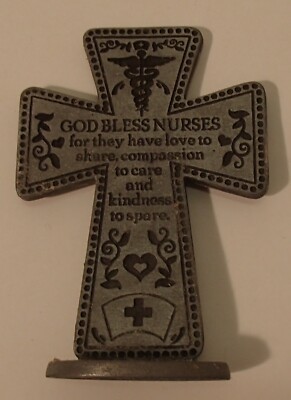 God Bless Nurses Standing Pewter Prayer Cross Figurine Camco 3'' tall