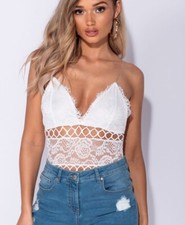 Lace Trim Sheer Panel Strappy Bodysuit