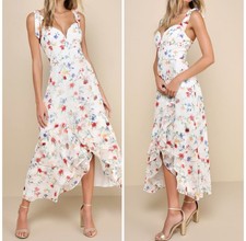 Lulus So Elevated Ivory Floral Jacquard Tie-Strap High-Low Midi Dress size Large