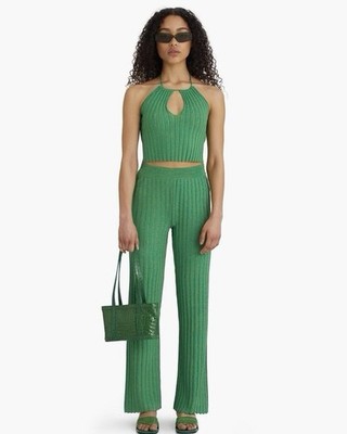 Paloma Wool Fromthe Rib Ribbed Pants Green Size XS/S? Stretch Ruffle Ankle EUC