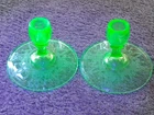 Pair Vtg Anchor Hocking Ballerina Cameo Candlestick Holders Green Uranium Glass