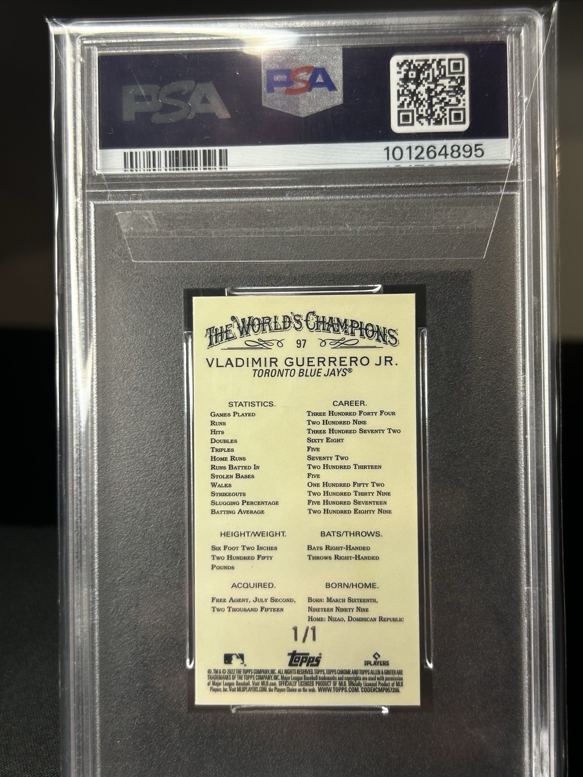 2022 Topps Allen & Ginter Chrome Vladimir Guerrero Jr. #97 Mini SuperFractor 1/1 view 2