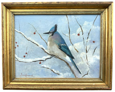 Kenneth Smallwood Original Oil Painting Blue Jay Bird Winter Signed Framed