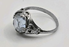 AQUAMARINE SILVER TONE Size 7 ANTIQUE STYLE FILIGREE RING