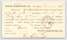 1900 Witte Hardware Co. Postal Card St. Louis MO Hardware Wholesaler Invoice