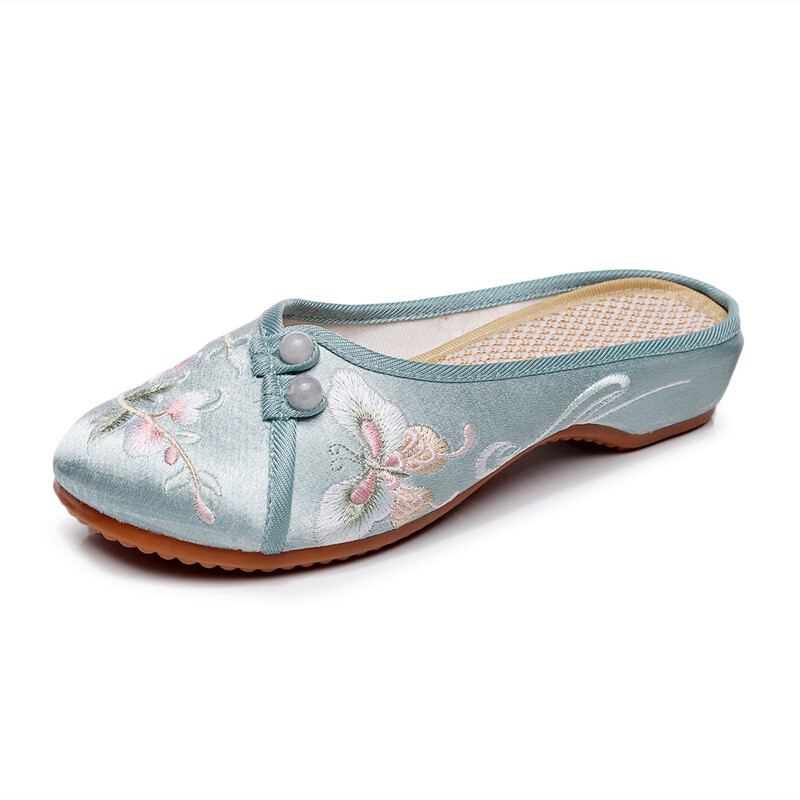 Women Retro Embroideries Slippers Sandals Frog Button Comfort Flats Soft