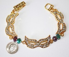Rhinestone New Orleans Mardi Gras Mask Charm with Purple and Green Bead Bracelet