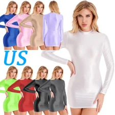 Women Long Sleeve Bodycon Pencil Dresses Oil Glossy Micro Mini Dress Clubwear