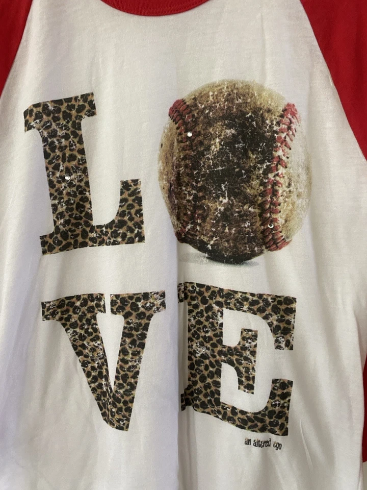 LOVE Baseball w/ Embellishments American Apparel 50/50 Shirt Red & White Size S - Image 2 of 4