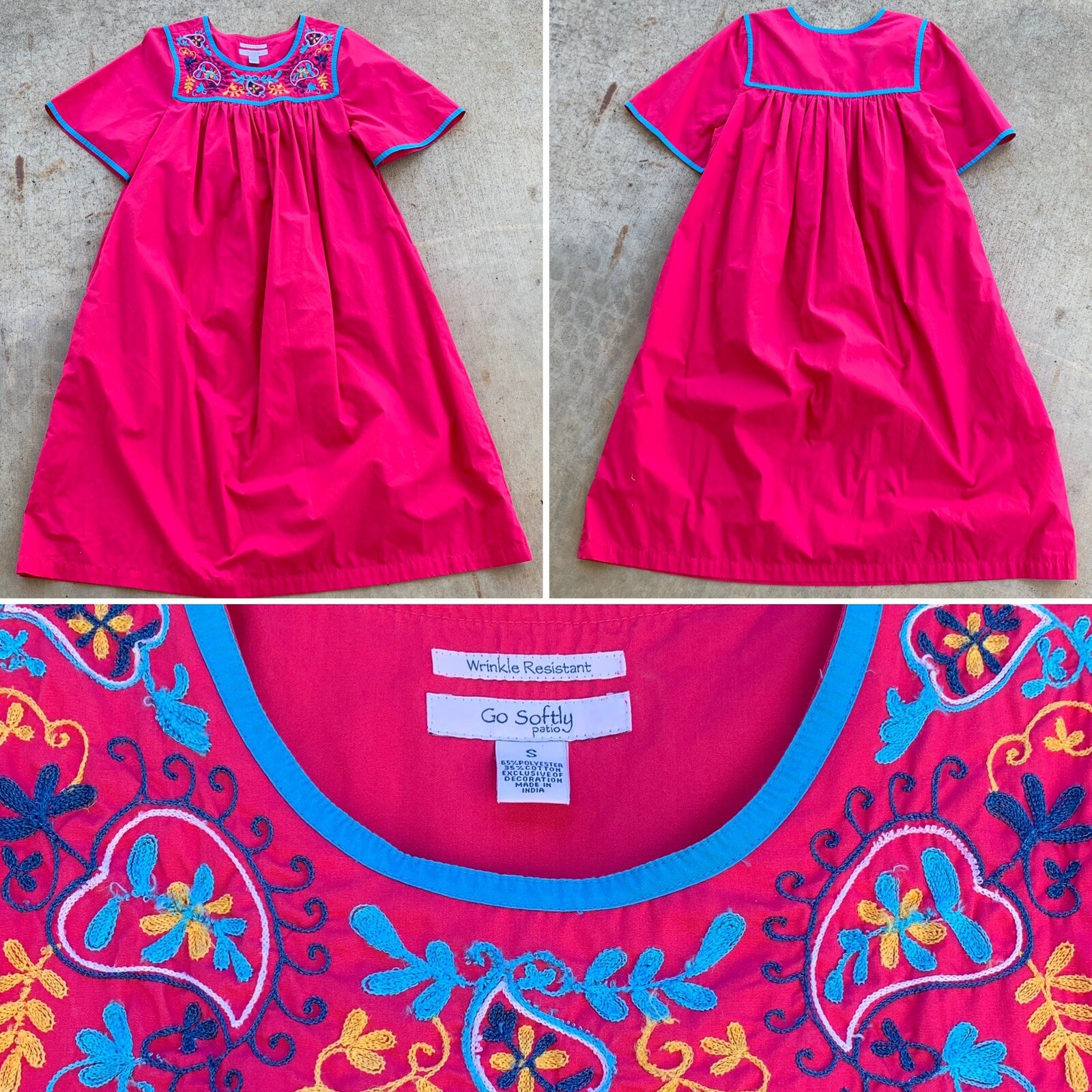 Go Softly Patio Dress Embroidered Hot Pink Muumuu Sz S Hippie Chic Boho Peasant eBay