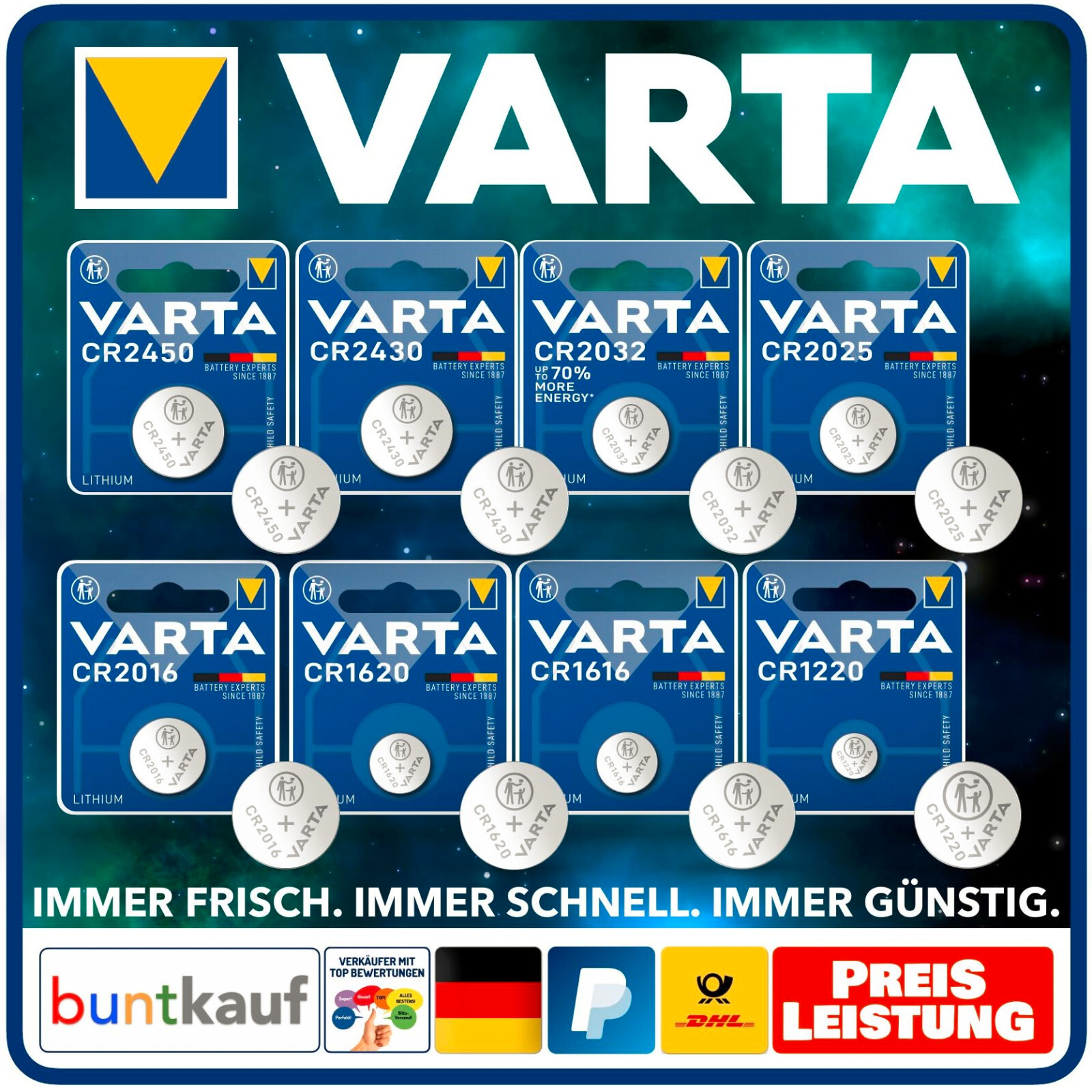 VARTA Batterie Knopfzelle CR1220 CR1616 CR1620 CR2016 CR2025 CR2032 CR 2430 2450