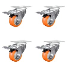 3.5 Inch Orange Polyurethane Swivel Top Plate Caster Set with Total Lock Brake