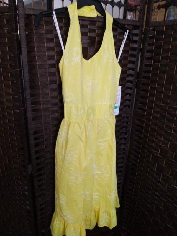 NWT! RARE EDITIONS GIRLS SIZE 16 SUNNY YELLOW HALTER SUN DRESS FLORAL EMBROIDERY