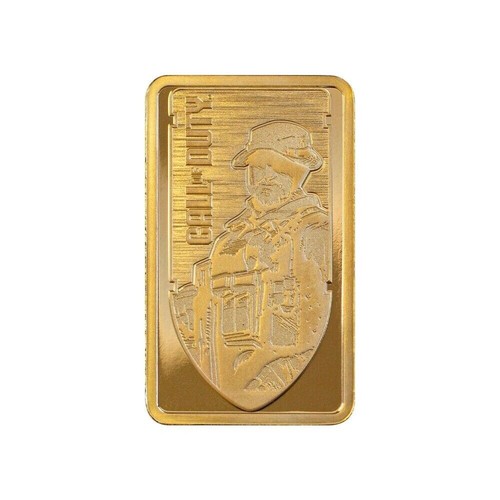 Rectangular 5 gram PAMP gold bar with engraved Call of Duty Modern Warfare III soldier in tactical gear and helmet.