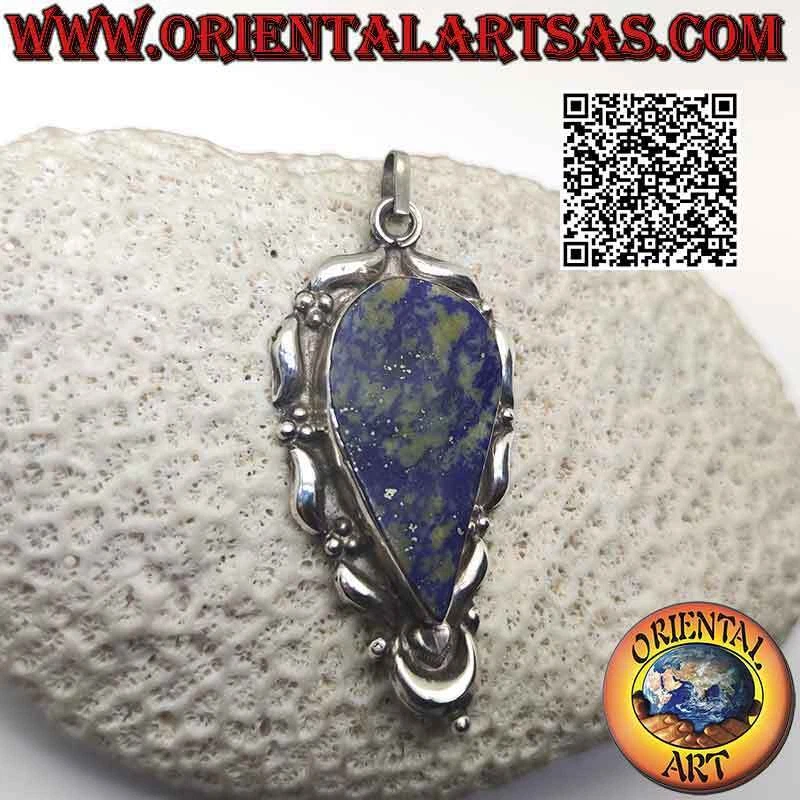 Ciondolo in argento 925‰ grande goccia rovesciata di lapislazzulo piatto su mont - Immagine 2 di 4