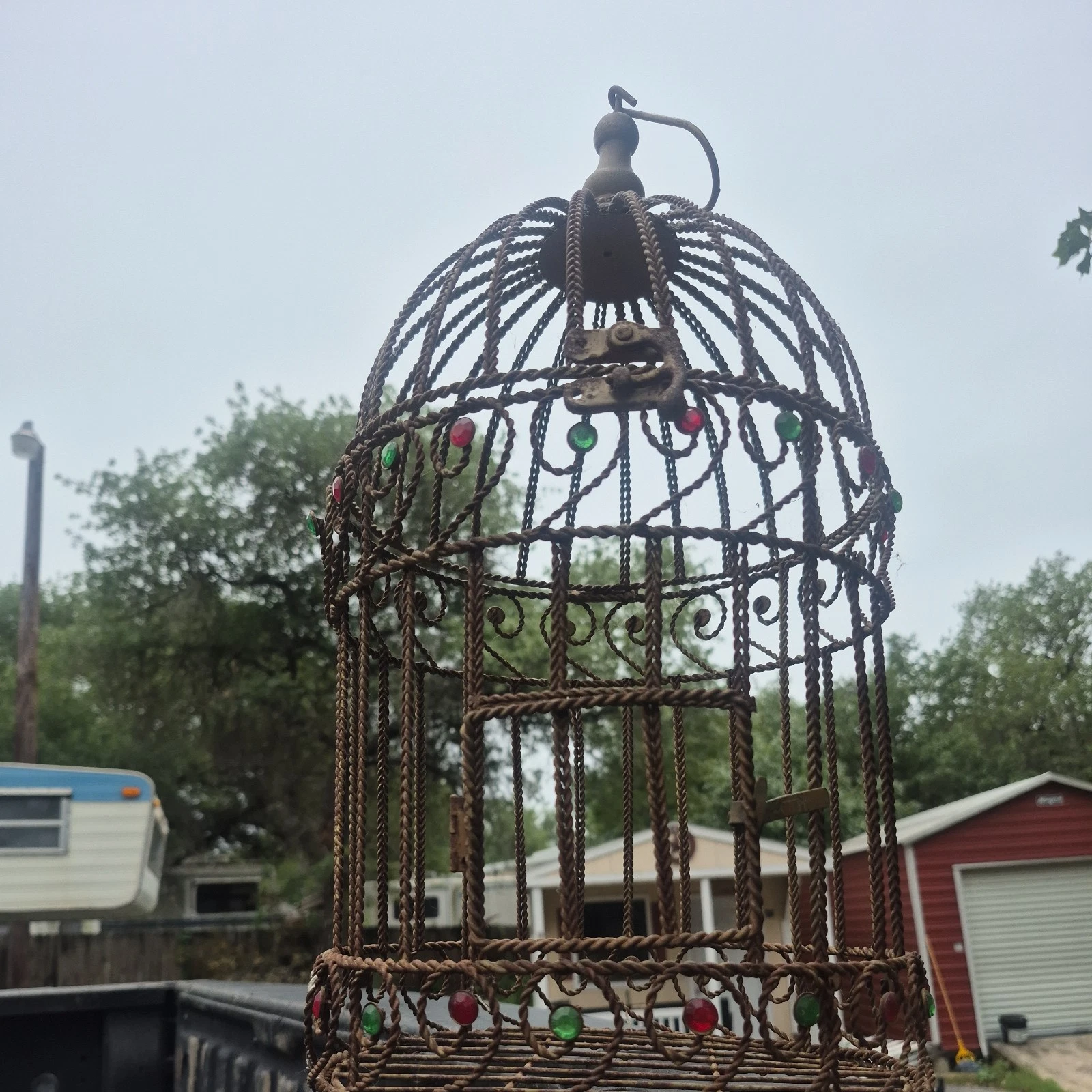Vintage Bird Cage Golden Colored with Twisted Bars and Plastic Jewels.