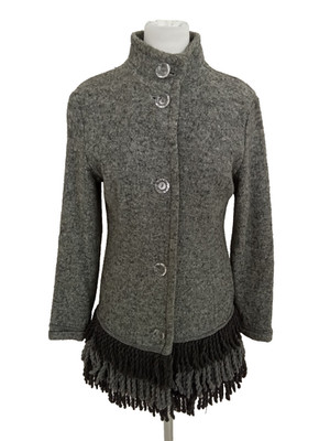 Fun & Fun Women's Coat Size 10 Grey Wool Blend Fringe Button Stretch Lined Used