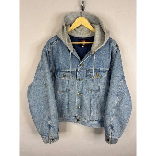 Lee, Lee 90s Vintage Mens Denim Jacket with Grey Hood Quilted Lining Blue Large