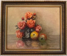 Vintage oil painting still life flowers, fruits signed framed 31/37cm