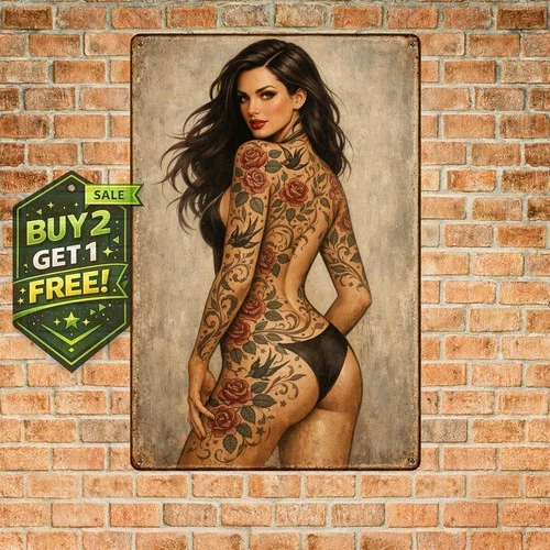 Sexy Pinup Girl Tattoo Poster Vintage Metal Tin Sign Women Body Art Wall Decor