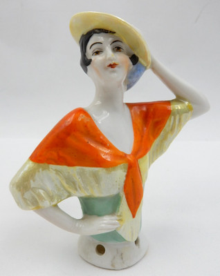 VINTAGE SPANISH LADY PORCELAIN HALF DOLL #14503 W/SCARF & HAT, MADE IN GERMANY