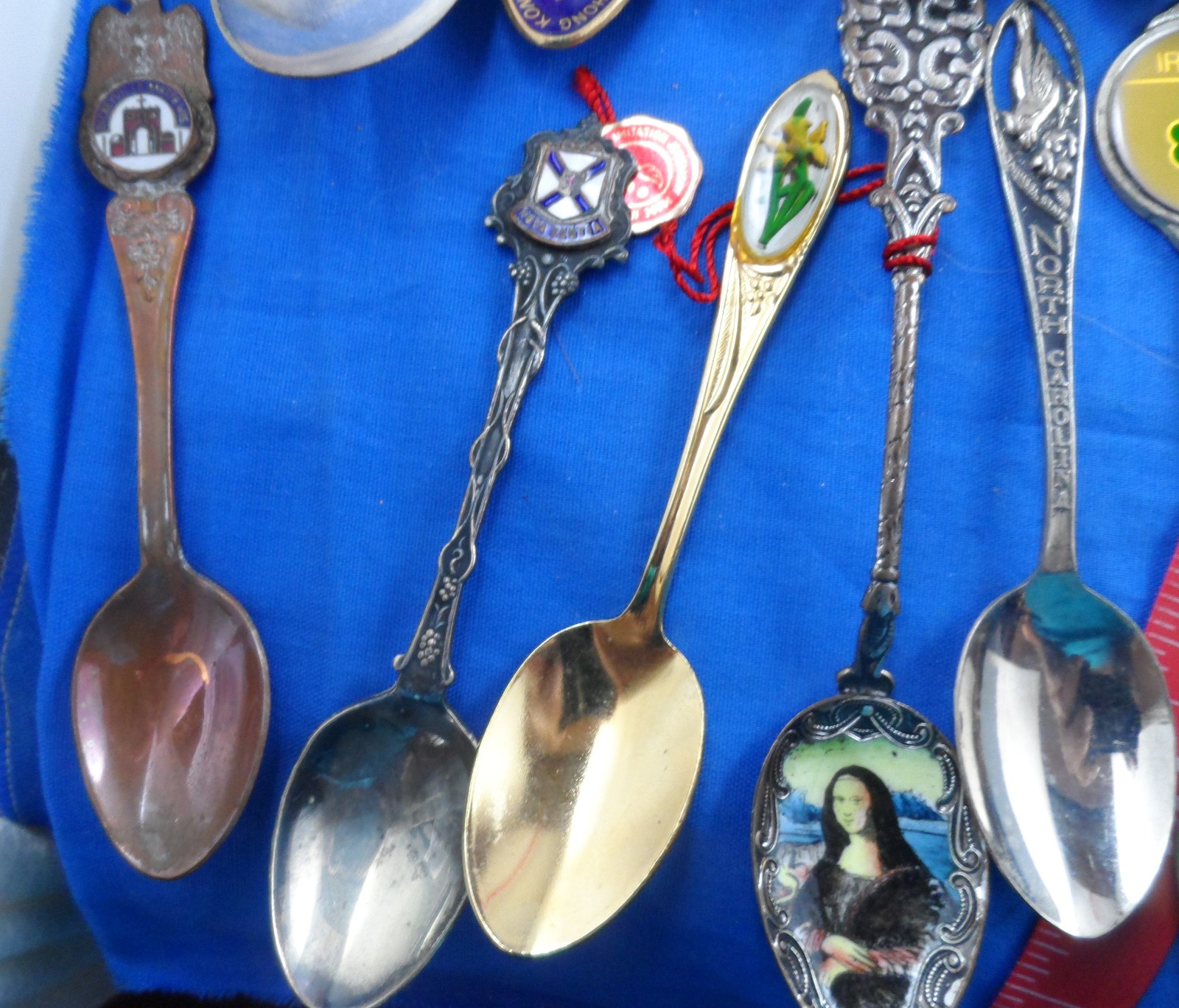 Fresh Souvenir Spoon Lot of 28 -Enamel Bowl, Silverplate, Pewter, Copper, Nice