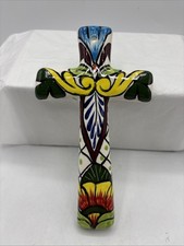 "Arte de pared cruz cerámica Alba Talavera México religioso pintado a mano 6 1/4"" X 3,5"""