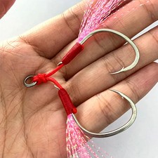 10Pairs/Lot Metal Jig Assist Hook, Red PE Line Double Hook Jigging Spoon Fishhoo