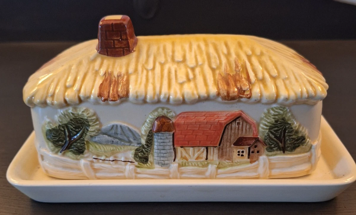 #1440 Vtg Covered Butter Dish Cottage Core English Garden Farm Barn House MCM