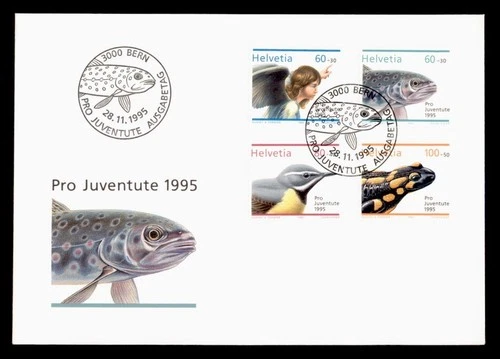 DR WHO 1995 SWITZERLAND FDC PRO JUVENTUTE FISH CACHET COMBO SEMI POST w27968