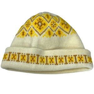 Vintage 70s Nordic Fair Isle Knit Beanie Hat Yellow Brown Ski Cap Winter OSFM