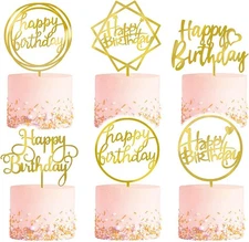 6-Pack Gold Acrylic Cake Toppers - Double-Sided Happy Birthday Decorations