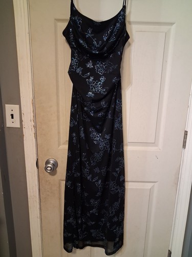 Taboo Women’s L Black/Blue Floral Strappy Sleeveless Long Pencil Dress