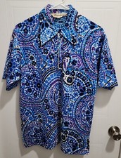 Vtg 60s Men's Tropicana Short Sleeve Hawaiian Shirt Zip Neck Blue/Purple Size L