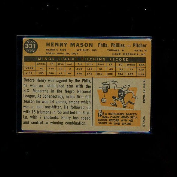 1960 Topps # 331 Henry Mason  Philadelphia Phillies  - Image 2 of 2