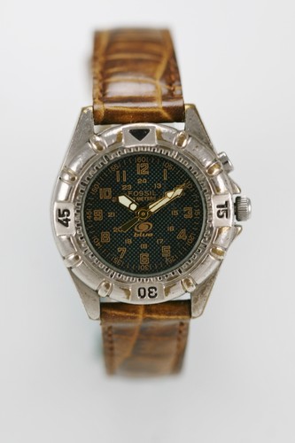 fossil blue womens watch green light 24hr silver gold 50m brown