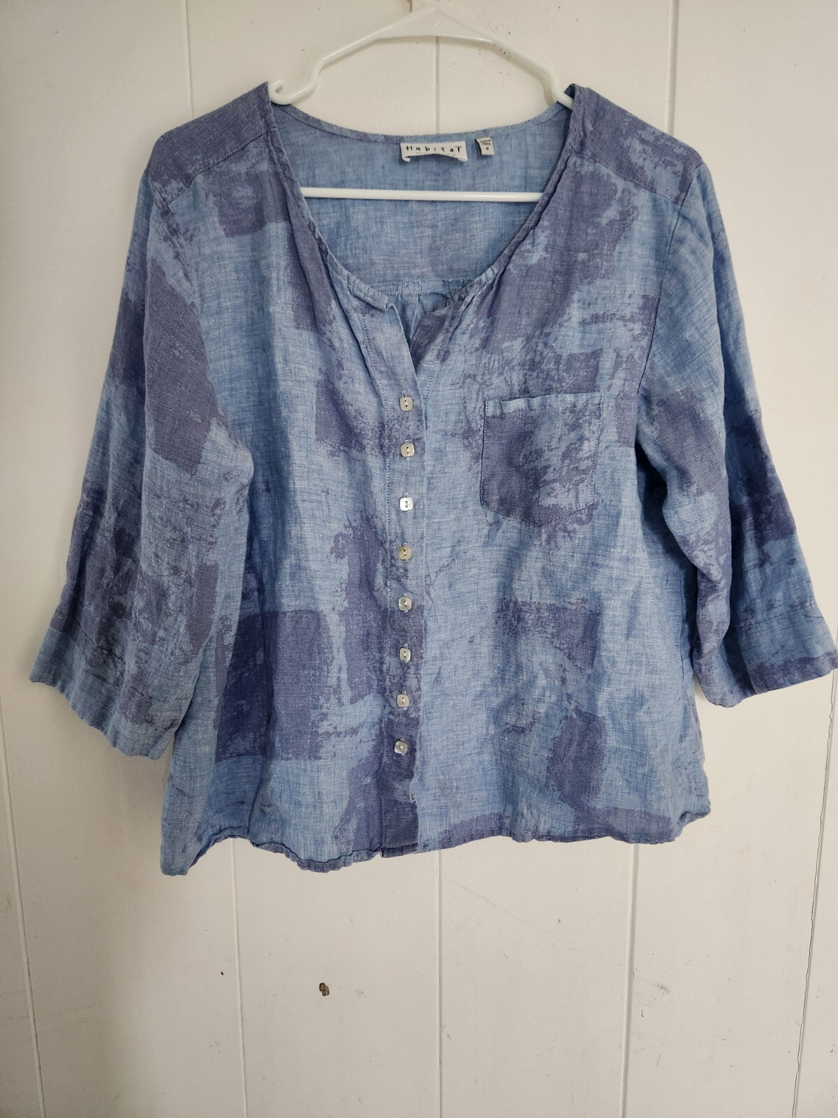 Habitat Womens’ Linen Lavender Blue Crinkle Button Front Tunic Top M Lagenlook
