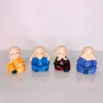 Lot of 4 Cute Little Buddha Monks Miniature Figurines Car, Home Decor By YH 2''