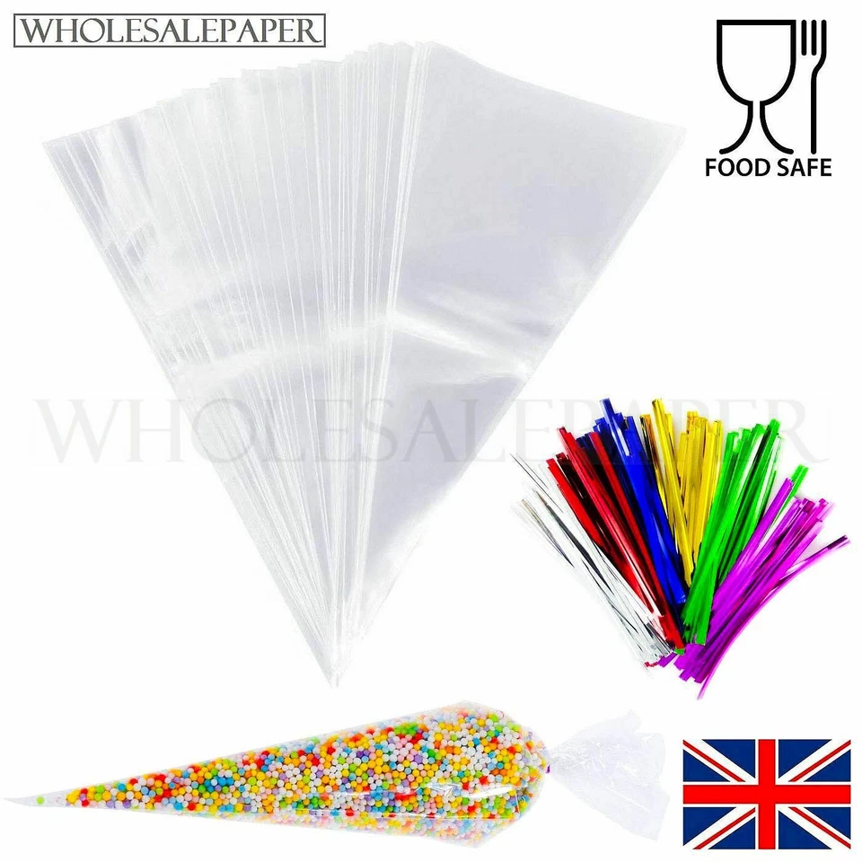 SWEET CONE BAGS CLEAR CELLOPHANE HOT CHOCOLATE CELLO BIRTHDAY PARTY GIFT FAVOUR - Image 1 of 4