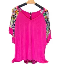 Beeson River Pink Floral Ruffle Sleeve V Neck Top XL Flirty Whimsical