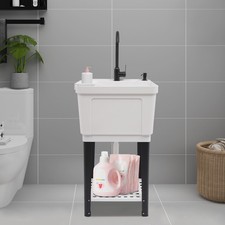 Utility Sink w/Cold Hot Water Faucet Hoses Drain Kit,Freestanding Laundry Sink