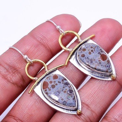 Asteroid Jasper 925 Sterling Silver Two Tone Earring 1.95'' E23, Christmas Gift