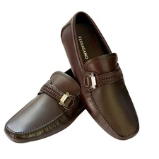 Ferragamo Loafers 11 E Calipso Gancini Dark Brown Leather Men's Driver Moccasin